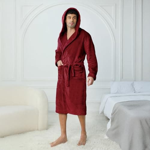 Lagtew Men's Hooded Fleece Bathrobe, Absorbent Anti-Static Plush Robe for Men with Pockets, Warm Soft for Home,BURGUNDY,L/XL - Thumbnail 2
