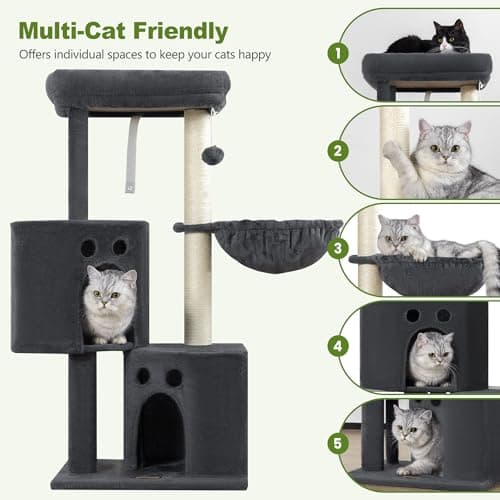 Small Cat Tree Tower for Indoor Cats, 40 in Multi-Level Compact Cat House Bed with 2 Condos, Large Platform Perch, Sisal Scratching Post, Hammock, Cat Climbing Stand for Kitty Kitten(Dark Grey) - Thumbnail 5