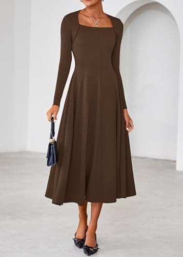 Lazysmile Long Sleeve Fall Dresses for Women Square Neck A Line Flowy Casual Elegant Wedding Guest Party Maxi Dress Brown - Thumbnail 5