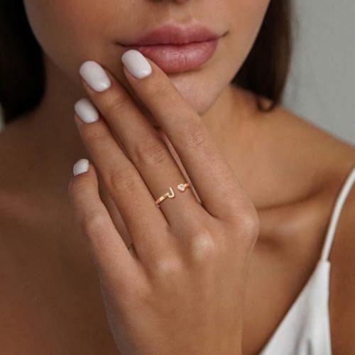 Easter Basket Stuffers-Initial Rings for Women Teen 14K Gold Plated Birthstone Rings Stackable Dainty Letter Rings Christmas Birthday Birthstone Jewelry Gifts for Mother Daughter,Adjustable Size - Thumbnail 3