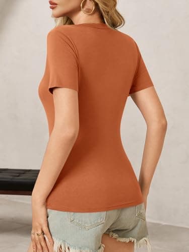 Womens Sexy Summer Short Sleeve Tshirt Tops Deep V Neck Shirts Casual Slim Fit Basic T-Shirt Tee A-Orange - Thumbnail 5