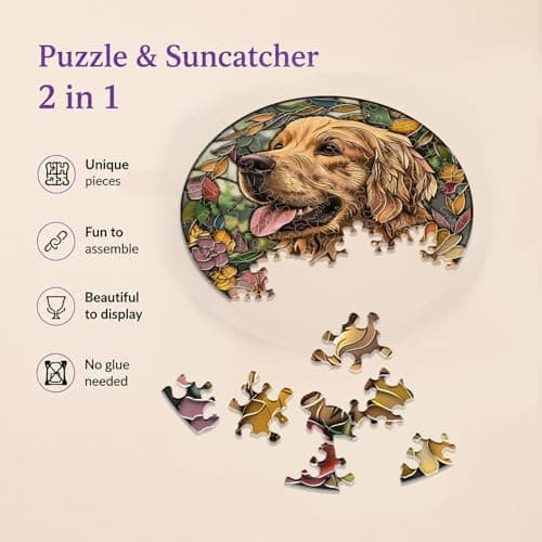 Acrylic Puzzle Suncatcher, Cute Golden Retriever Dog, Unique Acrylic Jigsaw Puzzle, Stained Glass Window Hanging, DIY Sun Catcher Puzzle Kit, Home Garden Decor Gift for Women, Mom, Men, Friends 7.4in - Thumbnail 2