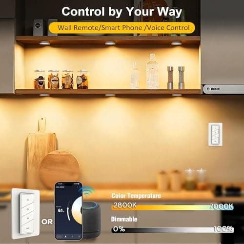 Smart Under Cabinet Lights Plug In, 6 Pack LED Puck Lights with App and Remote Control, CCT Tunable 2700K-7000K, Compatible with Alexa and Google Home, Dimmable Wired Lighting Kit for Kitchen,CRI 90+ - Thumbnail 2