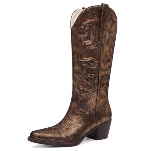 GPXGPX Cowboy Boots Embroidered Cowgirl Boots Women Mid Calf, Pointed Toe Chunky Block Heel Pull On Western Boots Brown 8 - Image 1