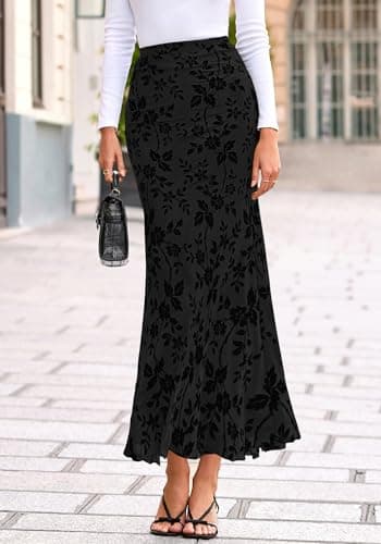 BTFBM Womens Floral Mesh Maxi Skirt 2026 Spring Summer Elastic High Waisted Boho Elegant Mermaid Long Skirts for Women(Black, X-Small) - Thumbnail 4