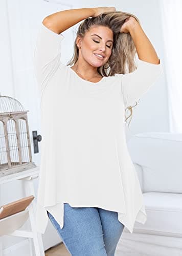 AusLook Plus Size Tunic Tops for Women 3/4 Sleeve White 3X Blouses Crewneck Clothes Flowy Clothing Loose Fit Babydoll Summer Fall Winter Maternity Shirts Wear with Leggings - Thumbnail 4
