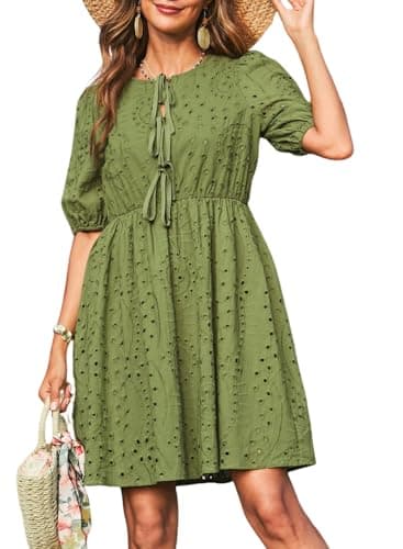 Dokotoo Green Dresses for Women Eyelet Dresses 2026 Tie Front V Neck Cotton Midi Dress Short Sleeve A Line Hollow Out Embroidered Dress Fashion Elegant Tie Tie Front Dresses Medium - Image 1