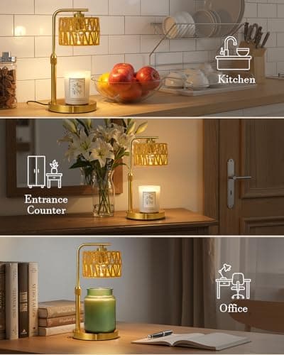 Candle Warmer Lamp with Timer, Dimmable Candle Warmer for Jar Candles, Height Adjustable Candle Lamp Warmer, Boho Rattan Lampshade and 2 Bulbs, Gift for Home Room Decor, Gifts for Women Mom (Gold) - Thumbnail 5