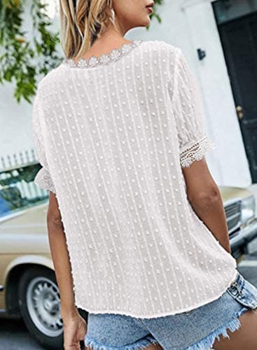 Dokotoo Womens Ladies 2026 Summer Sexy Lace Crochet V Neck Short Sleeve Pom Pom Boho Shirts Casual Loose Solid Chiffon Blouses for Women Tops White X-Large - Thumbnail 2