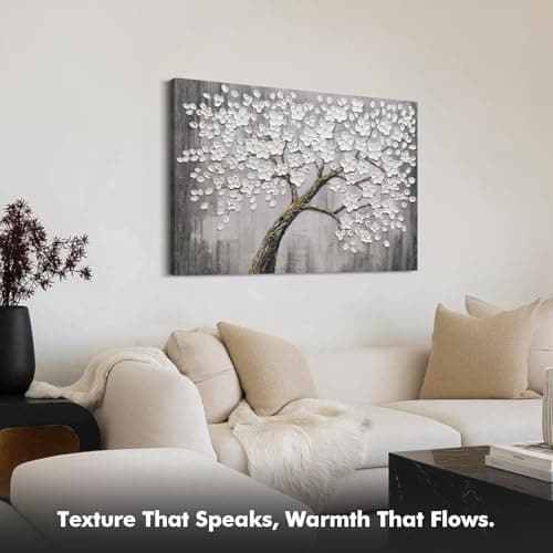 JUHOME Hand-Painted Black and White Thick Texture Flowers Abstract Oil Painting Wall Art,Floral Plum Blossom Tree with Raised Details,Modern Neutral Wall Decor for Home Bedroom,24x36 - Thumbnail 6