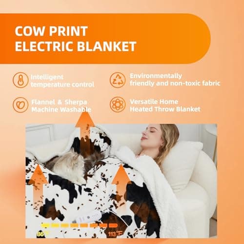 Heated Throw Blanket Cow Print Electric Blanket, Heating Blanket with 4 Heat Levels & 4-Hour Auto Shut-Off, Soft Flannel Sherpa Electric Throw, Machine Washable (White Cow Print, Throw) - Thumbnail 5