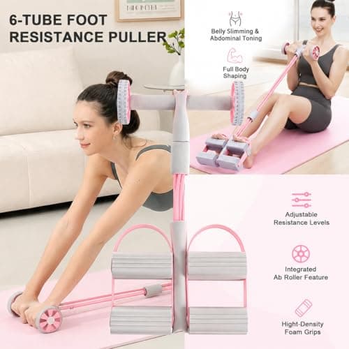 Pedal Resistance Bands with Handles,Soft Puller Exercise with Thickened 6 Tension Ropes,Tube Pedal Resistance Device for Abdomen Waist Arm Leg Core/ABS Yoga Pedal Puller Resistance Band (Pink) - Thumbnail 4