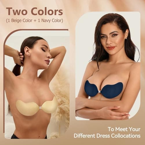 Strapless Sticky Bra Invisible Adhesive Bras with Front Clasp Silicone Stick on Ladies Push Up Seamless Reusable (US, Cup Band, B, Beige + Navy) - Thumbnail 2