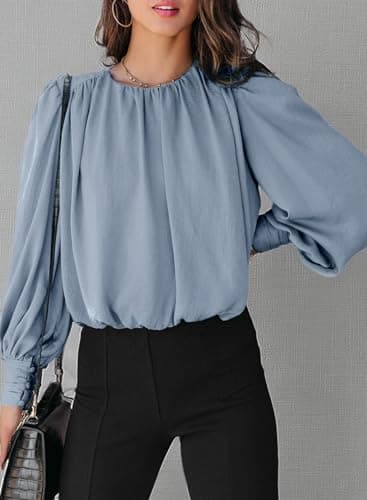Dokotoo Womens Ladies Spring Long Sleeve Tunic Tops and Blouses for Women 2026 Summer Fashion Crewneck Padded Shoulder Casual Loose Fitting Trendy Dressy Work Shirts Blue X-Large - Thumbnail 6