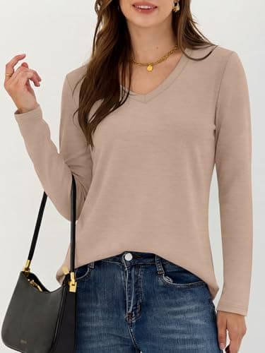 ANRABESS Women's Long Sleeve Shirts V Neck Top, Almond, XXL - Thumbnail 2