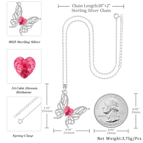 Filigree Butterfly Birthstone Pendant Necklace - 925 Sterling Silver Firework-Cut Heart Cubic Zirconia Twine Butterfly Necklace Anniversary Birthday Jewelry Gift for Women Wife Mom Daughter (07-July) - Thumbnail 4