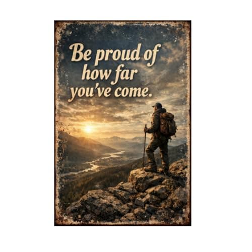 Be Proud Of How Far Youve Come Tin Sign Inspirational Quote Metal Wall Decor Mountain Hiker Sunset Landscape Rustic Motivation Plaque Vintage Progress Art For Home Office Cabin 8x12 Inch - Image 1