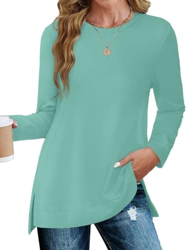 JUSTFASHIONNOW Womens Long Sleeve Tunic Tops to Wear with Leggings Crew Neck Side Split Layering Shirts Loose Fit Long Tops Cadet Blue - Thumbnail 3