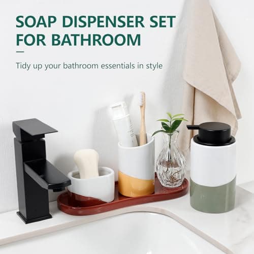 BosilunLife Kitchen Sink Caddy Set – 4-Piece Ceramic Soap Dispenser 12oz with Sponge & Utensil Holders on Drip Tray for Kitchen & Bathroom Countertop Organization (Liquid Pump) - Thumbnail 6