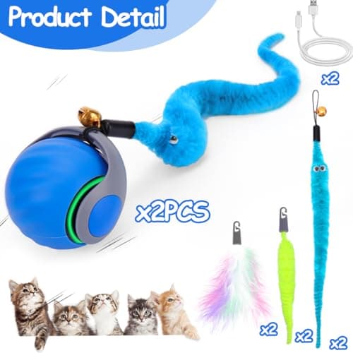 2PCS Interactive Cat Toy Ball with Feather Tails - Speedy Cat Toys for Indoor Cats, Moving Stimulation Smart Cat Toy for Enrichment, Motion Activated Automatic Rolling Toys to Keep Them Busy Blue - Thumbnail 2