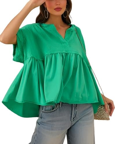 KGGT Women's Peplum Babydoll Tops Short Sleeve Flowy Summer T-Shirts V Neck Casual Loose Fit Pleated Blouse(Green,L) - Image 1