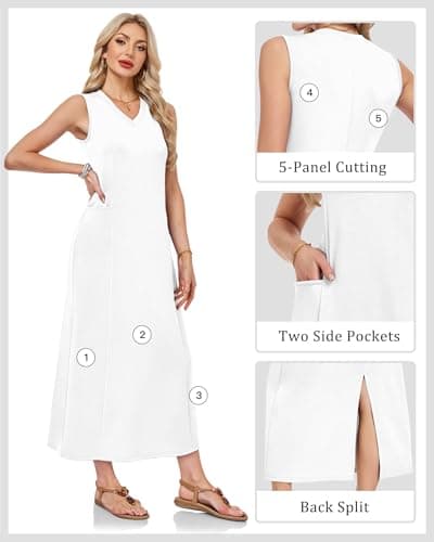 MISFAY Women's V Neck Summer Sleeveless Maxi Dress Beach Cruise Long Dresses Bridal Shower Dress with Pockets(White,L) - Thumbnail 5