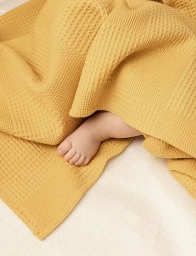 Milna Baby 100% Cotton Waffle Blanket for Boys & Girls, 100x120 cm Breathable Muslin Baby Blanket for Crib, Stroller & Swaddle, Soft Lightweight Toddler Receiving Blanket, (Yellow) - Thumbnail 4