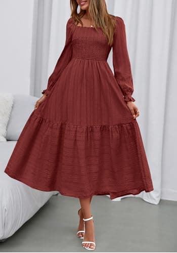 BTFBM Women Maxi Spring Dresses 2026 Long Sleeve Solid Color Square Neck Smocked Boho Long Wedding Guest Dress(Brown Red,XX-Large) - Thumbnail 2