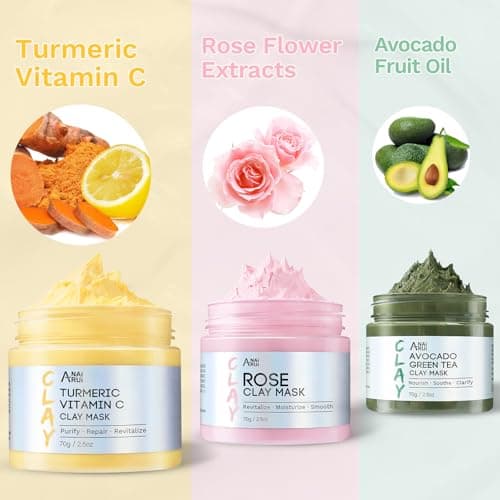 ANAI RUI 3 Pack Clay Mask Set Turmeric Vitamin C Clay Mask -Rose Facial Mask -Avocado Green Tea Mud Mask Smoothing, Hydration & Glow,Spa Gift Set, Self Care for Women Teens 2.5 oz Each - Thumbnail 2
