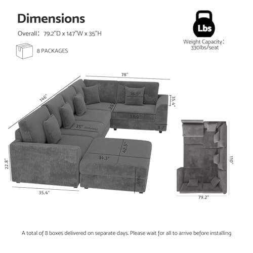 Oversized Modular Sectional Sofa with Storage, Modern Sleeper Sofa, Extra Deep Seat Comfy Corduroy Cloud Couch with Ottoman and 5 Pillows for Living Room (U Shape Sectional with Storage, Grey) - Thumbnail 2