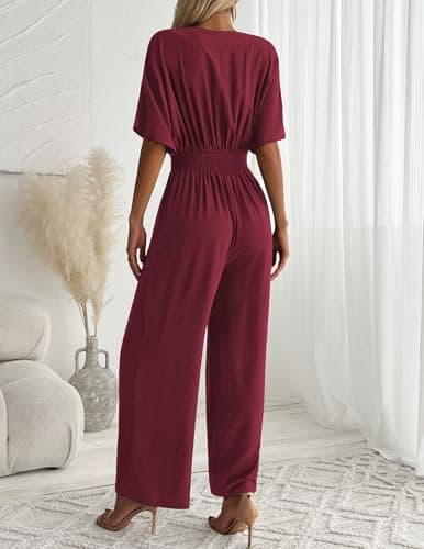 LOOKBOHO Womens Short Sleeve Dressy Jumpsuits V Neck Wide Leg Pant Romper Casual Wedding Party One Piece Outfits Red M - Thumbnail 3