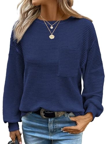 Dokotoo Tops for Women 2026 Summer Spring Waffle Top for Women Fashion Trendy T Shirts Business Casual Sweaters Womens Clothes Crewneck Lightweight Basic Shirts Navy Blue - Image 1