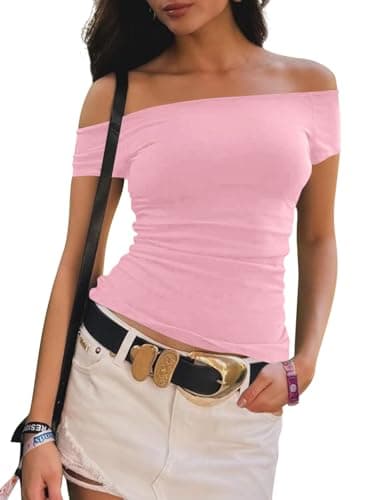Imily Bela Womens Off The Shoulder Tops Short Sleeve Top Quick Dry T Shirts Trendy Y2k Going Out Crop Tops Slim Fit 2025 Pink - Image 1