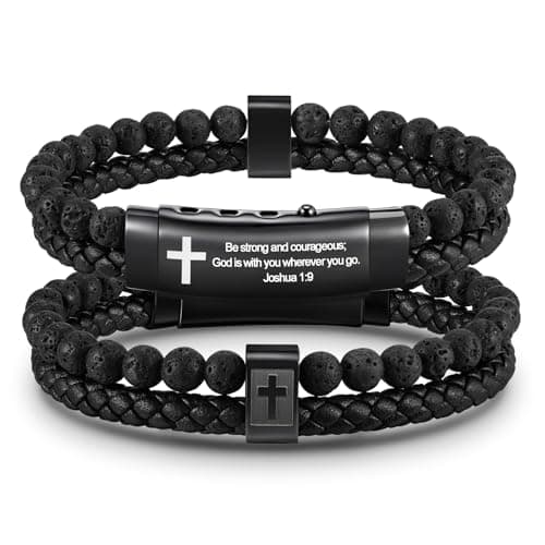 FLHEART Men's Christian Cross Bracelet Gifts for Men, Double-Row Braided Leather Cross Cuff Bracelet Bible Verse Agate Onyx Beaded Bangle Cuff Gifts for Son Grandson Husband Boyfriend Brother - Image 1