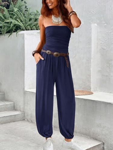 STOLKISS Tube Jumpsuits for Women Strapless Belted Bustier Jumpsuit Backless Long Pants Rompers Thin Foot Sleeve with Pockets - Thumbnail 3