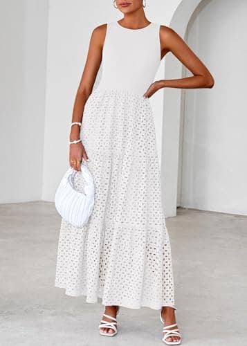 Lazysmile Womens Summer Dresses Crewneck Sleeveless A-Line Hollow Out Eyelet Tiered Tank Maxi Dress Sundress with Pockets White - Thumbnail 4