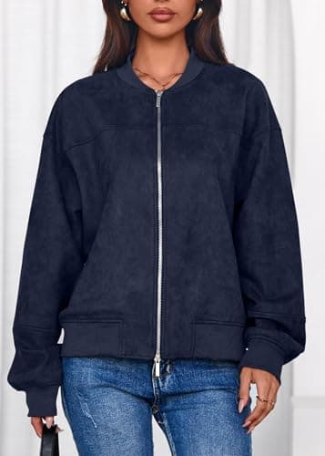 Lazysmile Women's Faux Suede Bomber Jackets Fall Fashion Outfits Winter Clothes Stand Collar Zip Up Coats Outwear with Pockets - Thumbnail 6