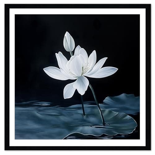Moonow7 Framed Lotus Flower Wall Art – Vintage Botanical Flower Print for Living Room, Bedroom, Minimalist Small Square Artwork for for Zen Decor, Home Office, Aesthetic Pictures for Women, Size 12x12” - Image 1