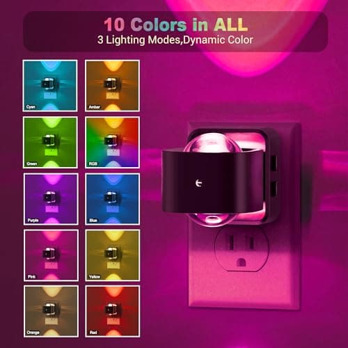 JandCase Night Lights Plug into Wall,10-Colored Changing Night Light for Kids,180° Rotatable Plug RGB LED Nightlight with Dusk to Dawn Sensor for Halloween Decoration, Children Room,Party - Thumbnail 2