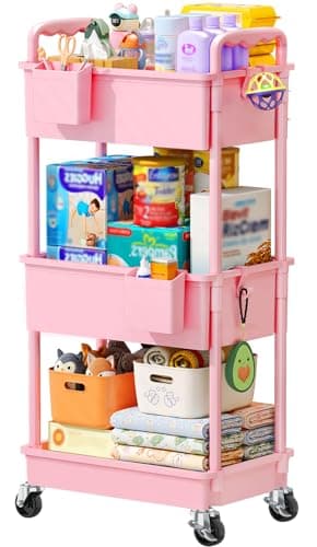 SUNALLY Baby Diaper Caddy Cart, 3 Tier Rolling Diaper Cart with Lockable Wheels for Nursery Essentials, Large Capacity & Easy Assemble Diaper Storage Organizer for Newborn,New Mom, Pink