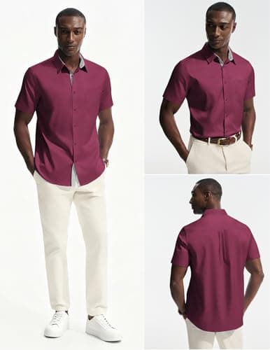 PJ PAUL JONES Mens Short Sleeve Casual Dress Shirt Solid Button Up Formal Business Shirts Lightweight Untucked Shirts XL Burgundy - Thumbnail 2