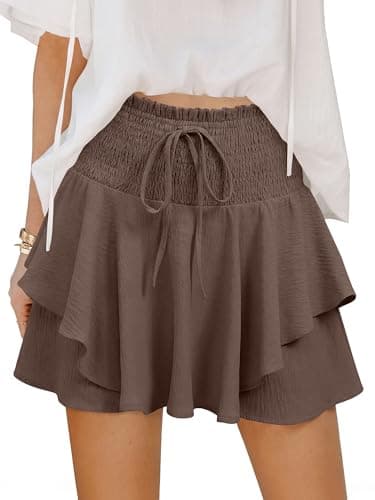 Caracilia Summer Shorts for Women Flowy Mini Skirts Elastic High Waist 2026 Tiered Ruffle Casual Golf Tennis Short Skorts Brown Small - Image 1
