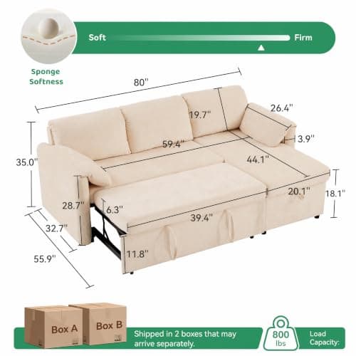 Tbfit 83" Sofa Bed Couch, Pull Out Couch with USB & Type-C Charging, Convertible Sofa Bed with Storage Chaise, Chenille Queen Sleeper Sofa for Small Spaces, Living Room, Apartment, RV, Beige - Thumbnail 2