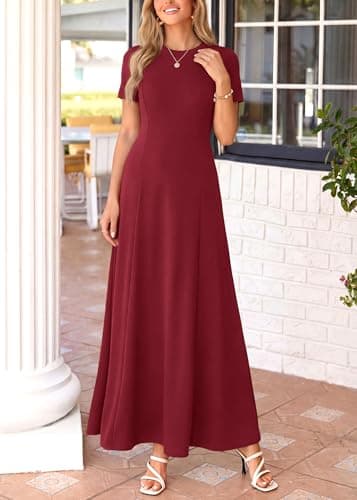 KIRUNDO Wedding Guest Dresses for Women 2026 Spring Summer Short Sleeve Pleated Long Flowy A Line Formal Maxi Dress Pockets(Burgundy, Small) - Thumbnail 5