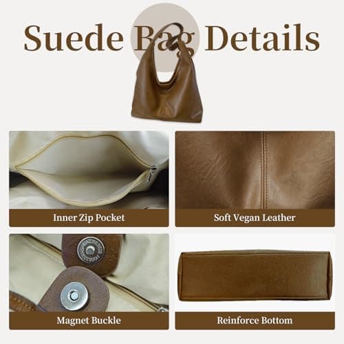 JueiXeoy Leather Hobo Bags for Women Slouchy Tote Bag Retro PU Leather Purse Soft Shoulder Handbags Large Work Tote Bag 2pcs Khaki - Thumbnail 5