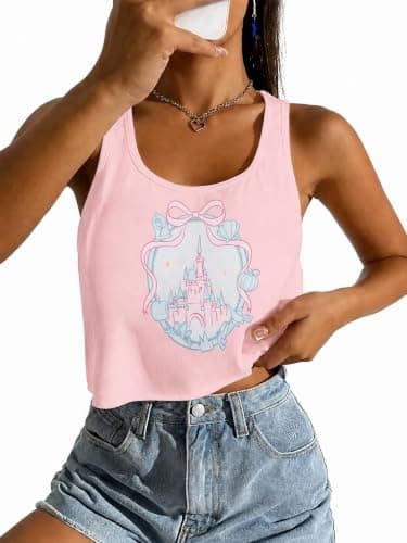 Women's Magic Kingdom Castle Graphic Tank Tops Summer Bow Crop Tank Pink - Image 1