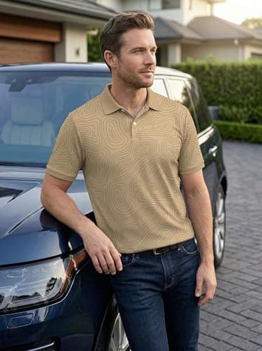 KUYIGO Golf Shirts for Men Dry Fit Moisture Wicking Performance Athletic Lightweight Casual Collared Polo Shirt M Moire Khaki - Thumbnail 3
