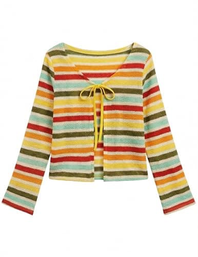 ZAFUL Swimsuit Coverup Shirt for Women Crochet Cardigan Bathing Suit Cover Up Long Sleeve Cover Ups Top Strip Yellow XL - Image 1