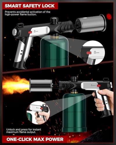 Propane Torch Gun, Weed Torch Propane Burner & Cooking Blow Torch with Safety Lock, One-Touch Max Fire, Adjustable Flame for Searing Steak, BBQ, Charcoal Starter & Weed Burning (Tank Not Included) - Thumbnail 5