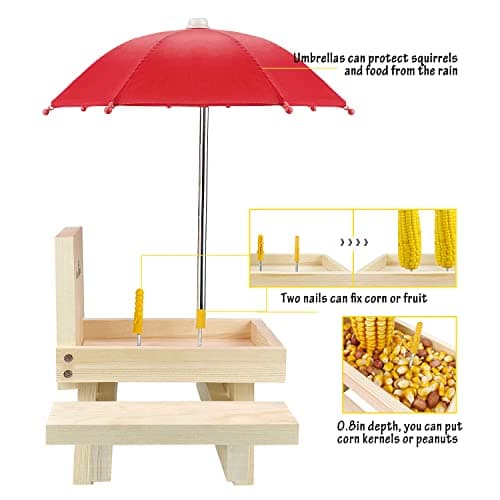 MIXXIDEA Squirrel Feeder Table with Umbrella, Wooden Squirrel Picnic Table Feeder, Sturdy Squirrels Feeder Corn Cob Holder, with Solid Structure and 2 x Thick Benches(1pk) - Thumbnail 3